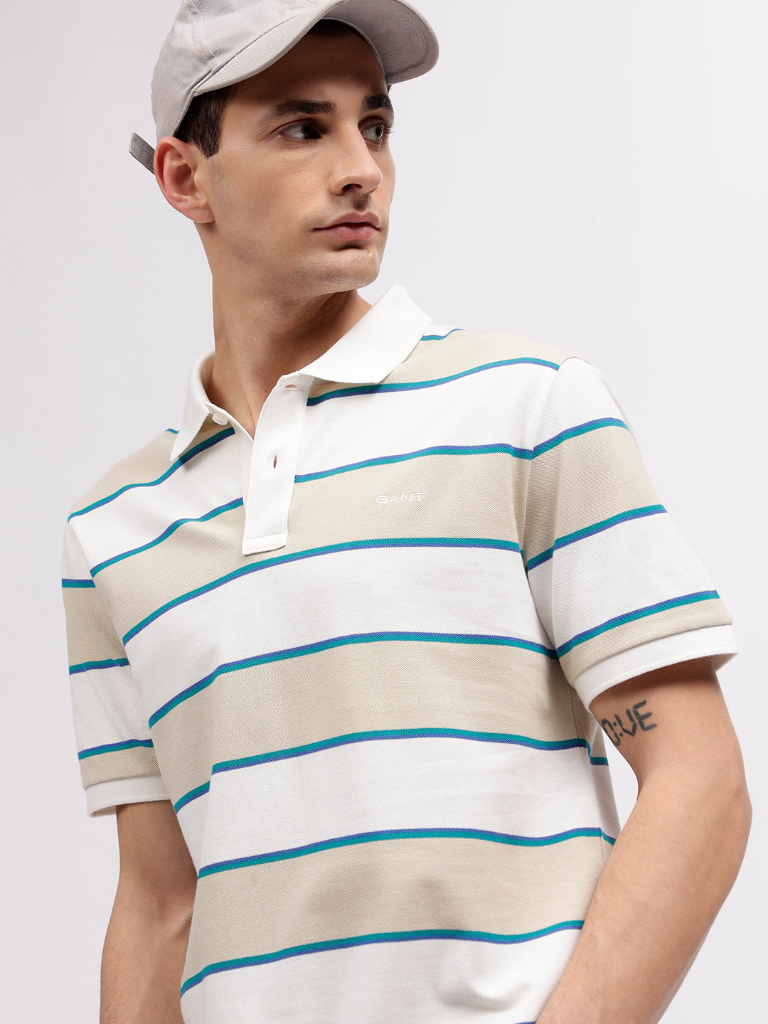 Gant Men Beige Striped Polo Collar Short Sleeves T-shirt