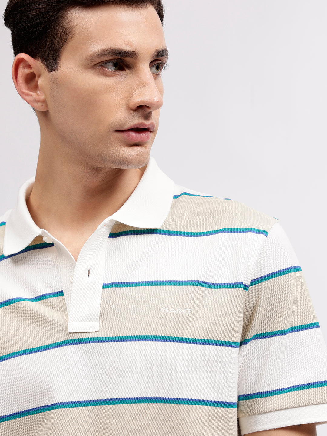 Gant Men Beige Striped Polo Collar Short Sleeves T-shirt