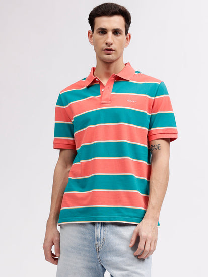 Gant Men Blue Striped Polo Collar Short Sleeves T-shirt