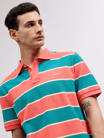 Gant Men Blue Striped Polo Collar Short Sleeves T-shirt