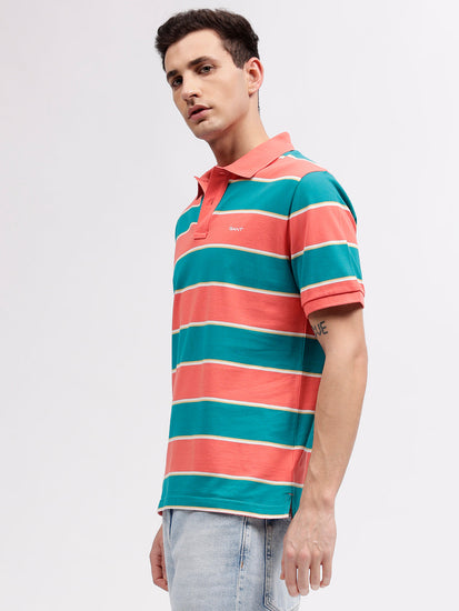 Gant Men Blue Striped Polo Collar Short Sleeves T-shirt