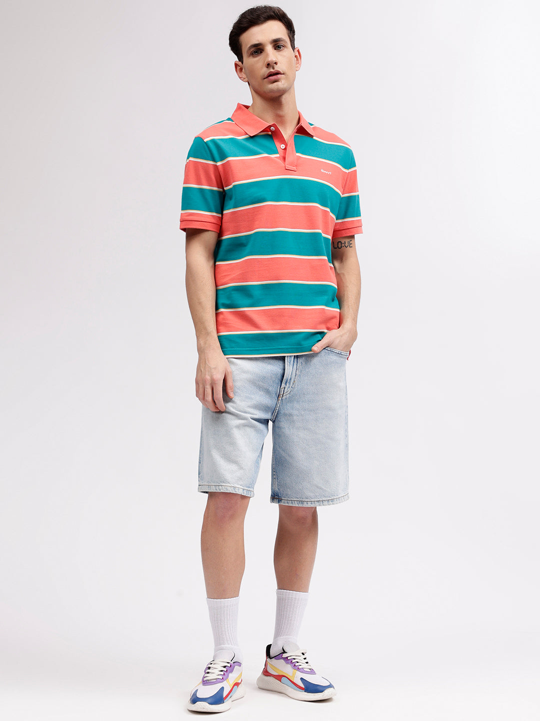 Gant Men Blue Striped Polo Collar Short Sleeves T-shirt