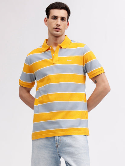 Gant Men Yellow Striped Polo Collar Short Sleeves T-shirt