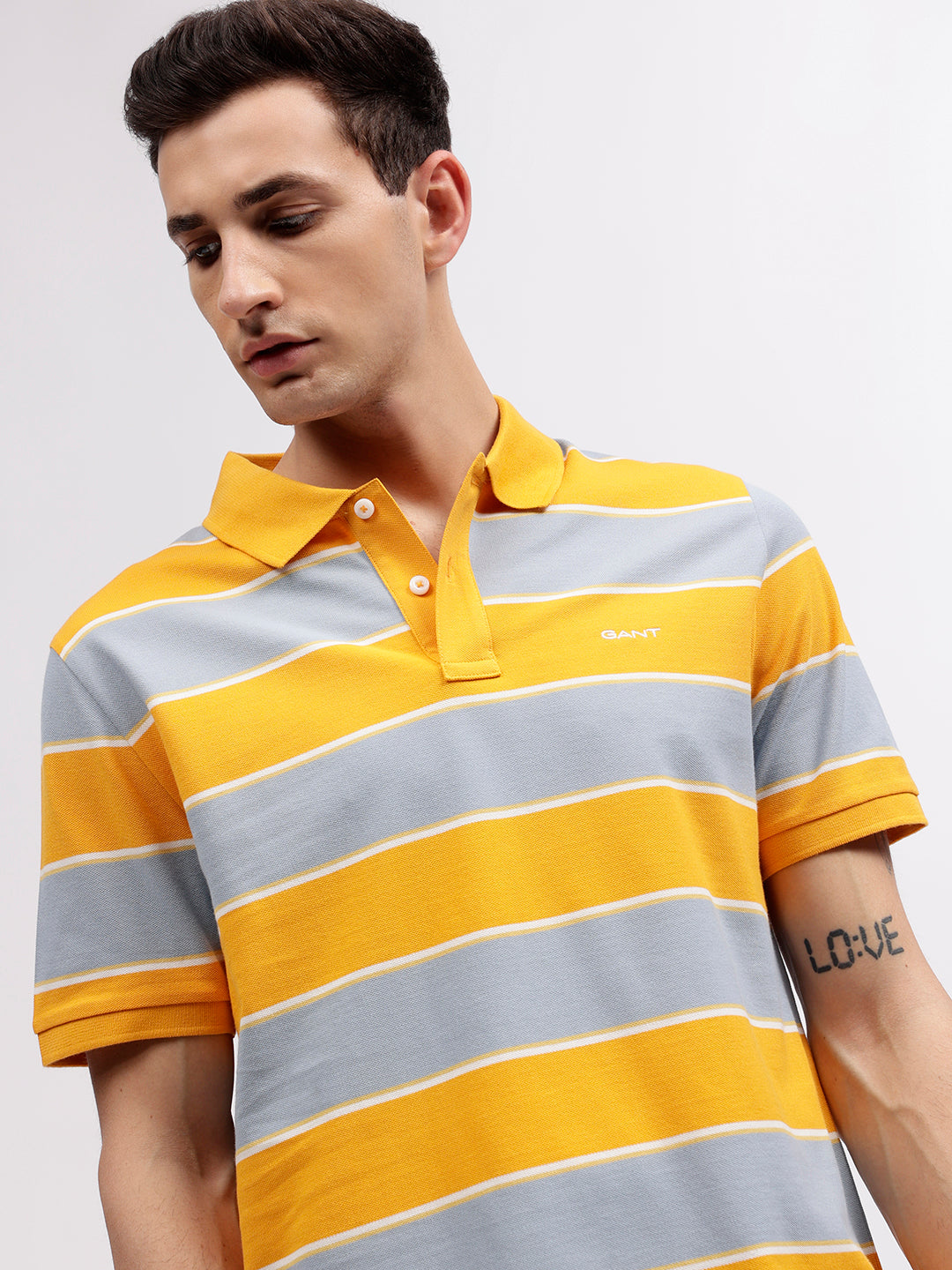 Gant Men Yellow Striped Polo Collar Short Sleeves T-shirt