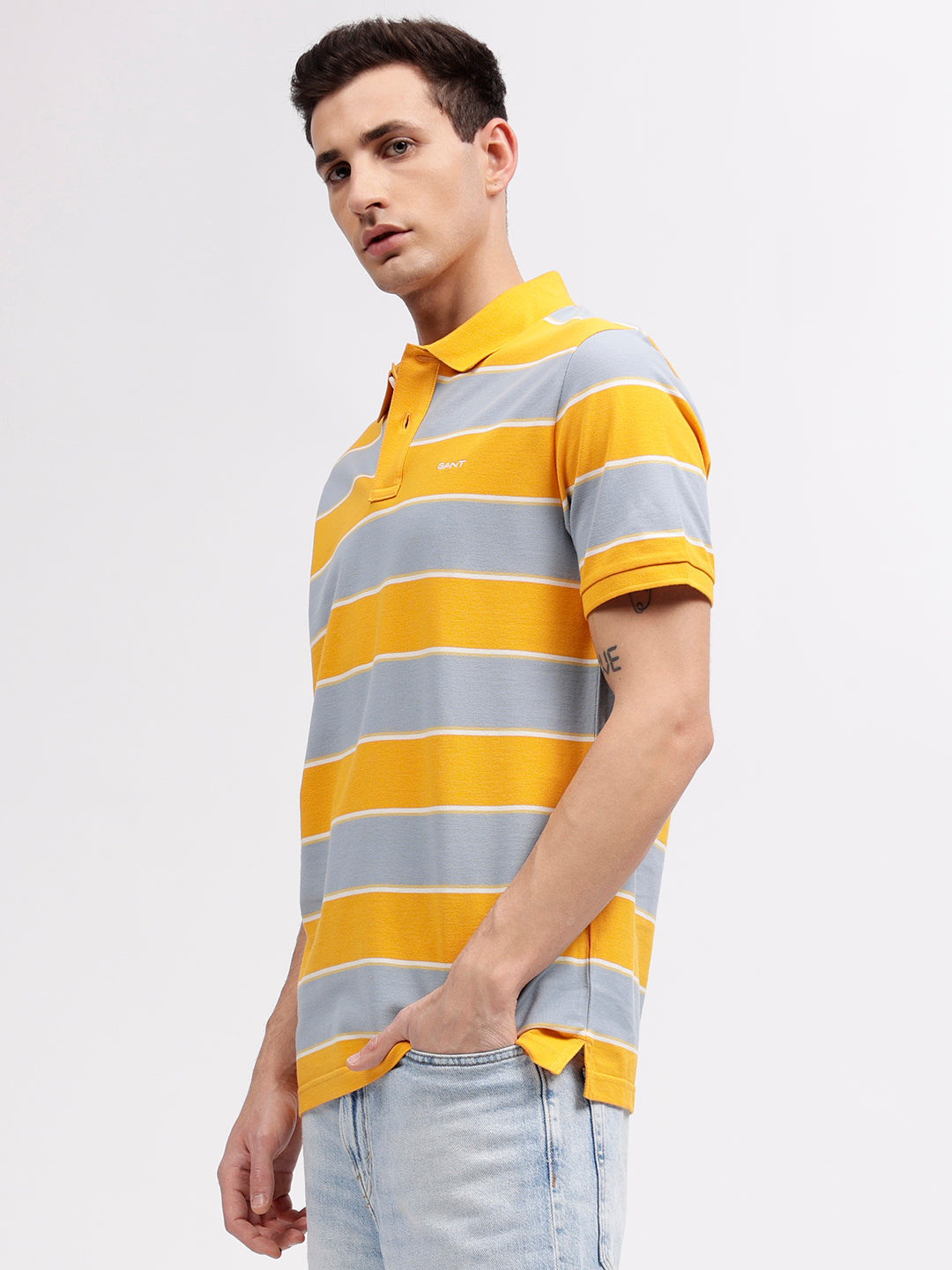 Gant Men Yellow Striped Polo Collar Short Sleeves T-shirt