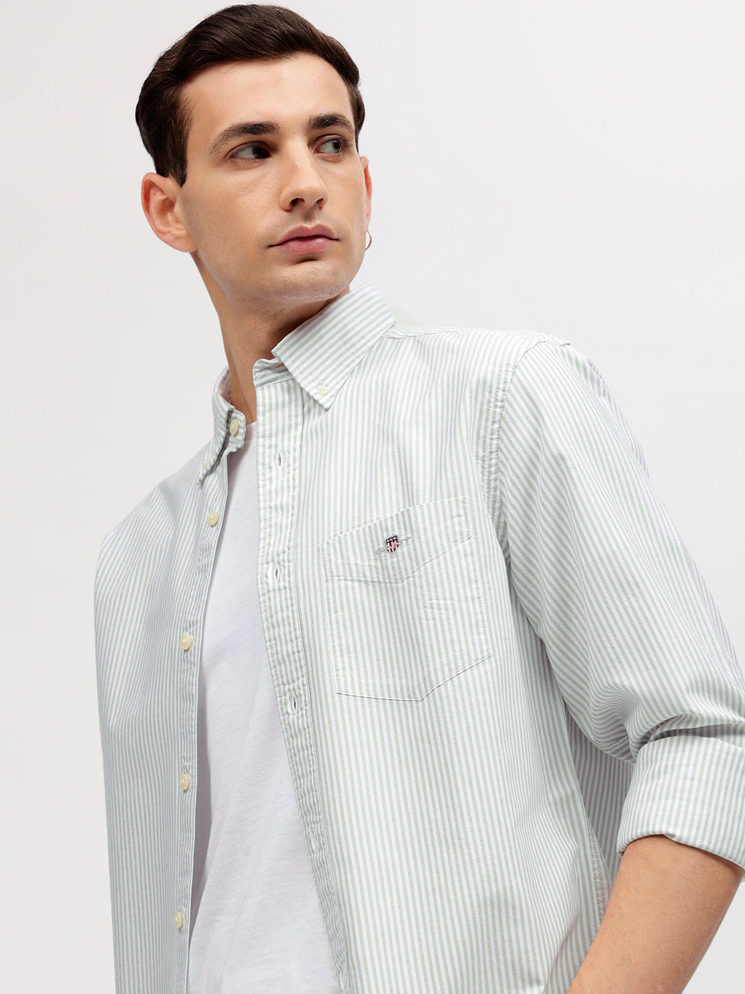 Shop Gant Men Green Striped Button-down Collar Full Sleeves