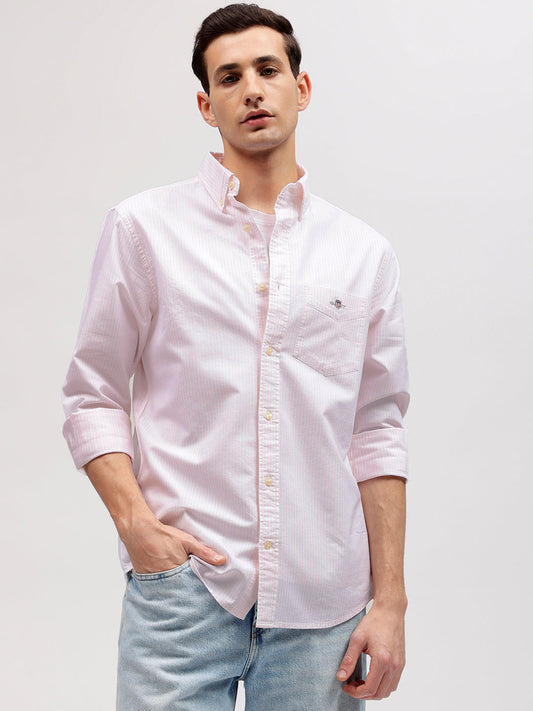 Gant Men Pink Striped Button-down Collar Full Sleeves Shirt