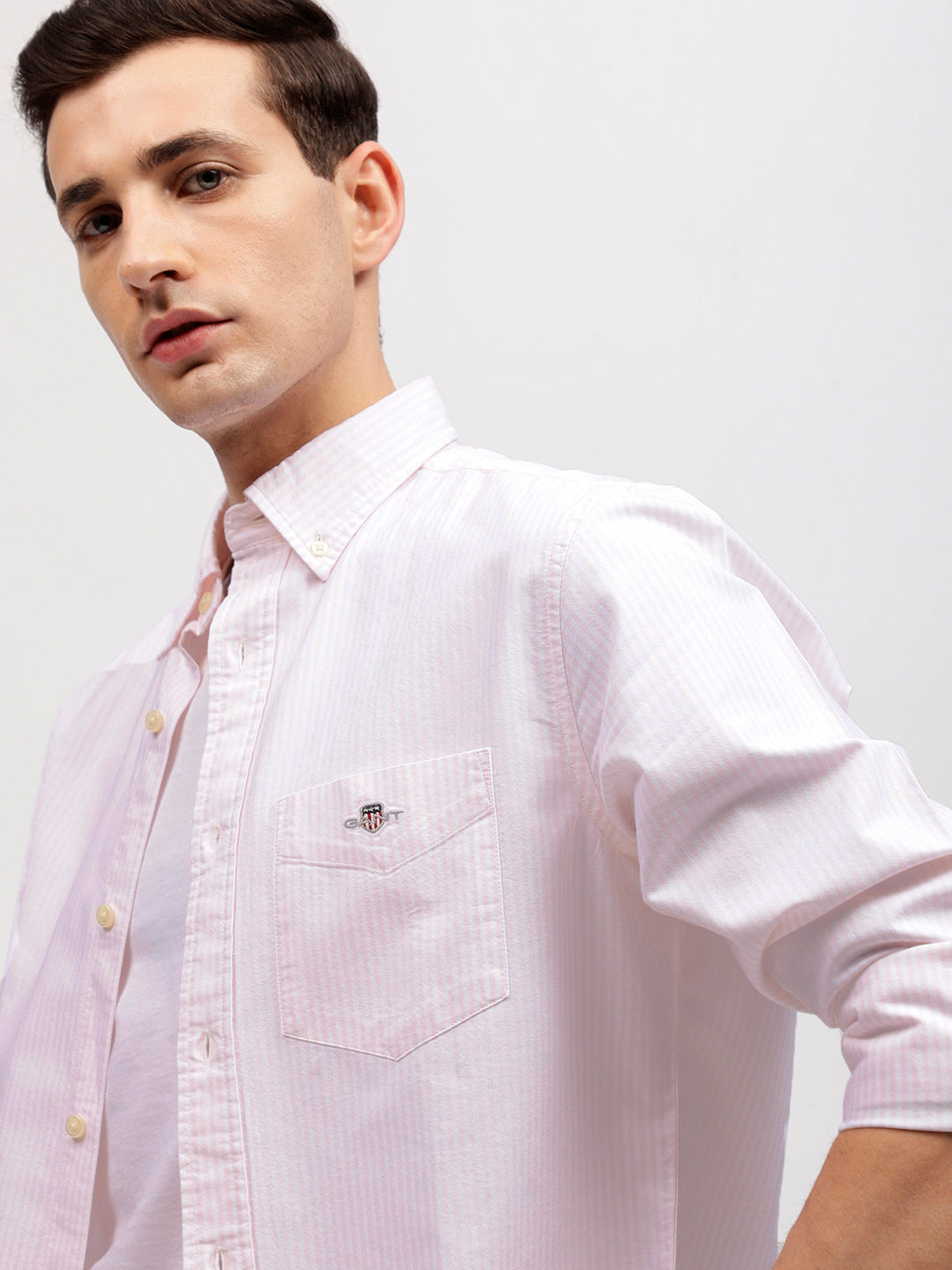 Gant Men Pink Striped Button-down Collar Full Sleeves Shirt