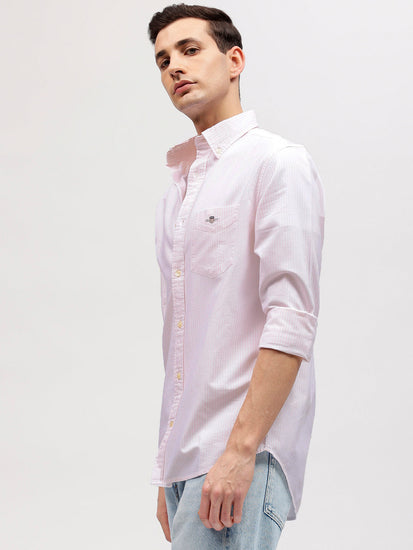 Gant Men Pink Striped Button-down Collar Full Sleeves Shirt