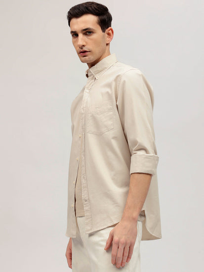 Gant Men Beige Solid Button-down Collar Full Sleeves Shirt