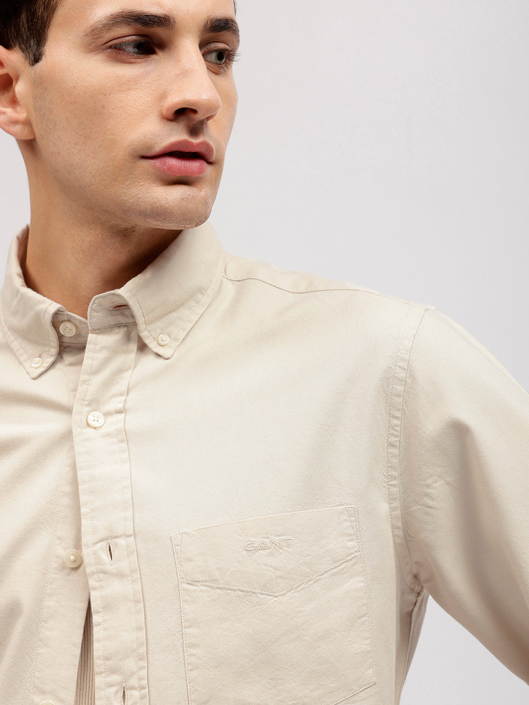 Gant Men Beige Solid Button-down Collar Full Sleeves Shirt