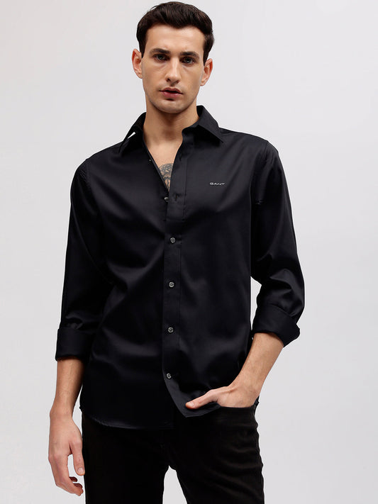 Gant Men Black Solid Spread Collar Full Sleeves Shirt