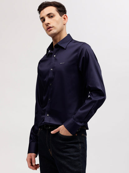 Gant Men Blue Solid Spread Collar Full Sleeves Shirt