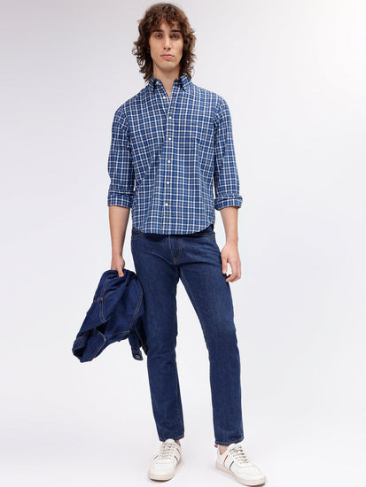 Gant Men Blue Checked Button Down Full Sleeves Shirt