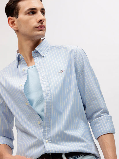 Gant Men Blue Striped Button-down Collar Full Sleeves Shirt