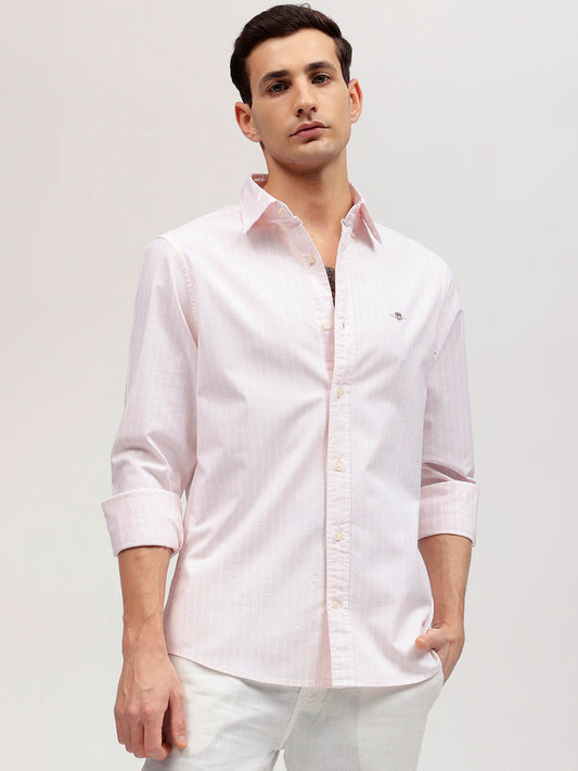 Gant Men Pink Striped Button-down Collar Full Sleeves Shirt