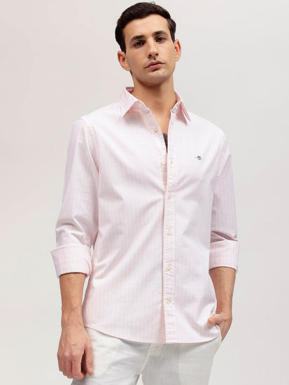 Gant Men Pink Striped Button-down Collar Full Sleeves Shirt