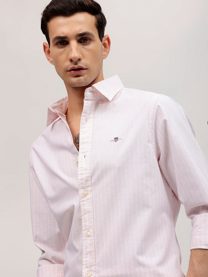 Gant Men Pink Striped Button-down Collar Full Sleeves Shirt