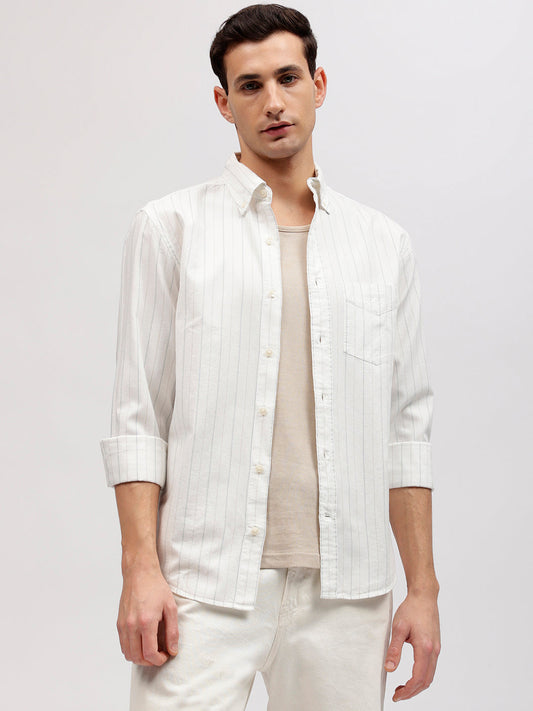 Gant Men Off White Striped Button-down Collar Full Sleeves Shirt