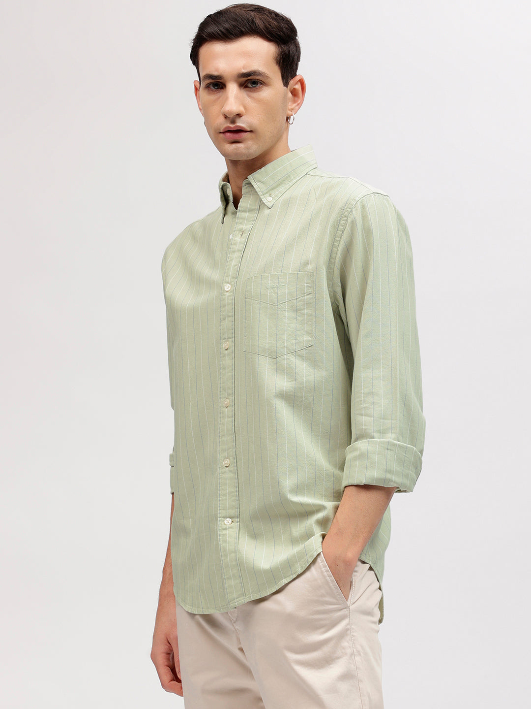 Gant Men Green Striped Button-down Collar Full Sleeves Shirt