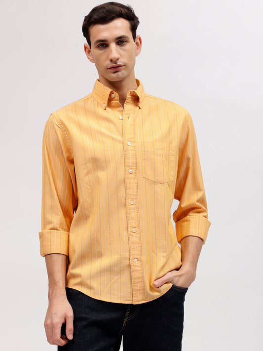 Gant Men Yellow Striped Button-down Collar Full Sleeves Shirt