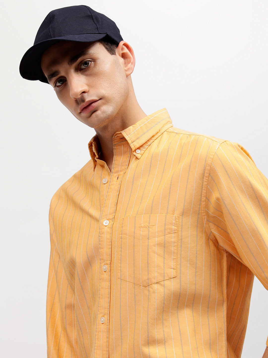 Gant Men Yellow Striped Button-down Collar Full Sleeves Shirt