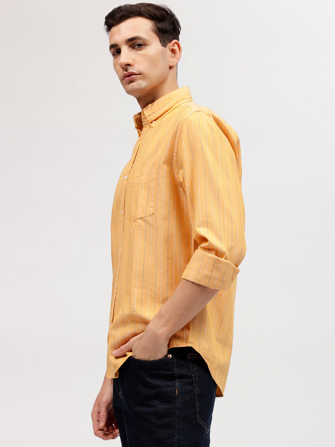 Gant Men Yellow Striped Button-down Collar Full Sleeves Shirt