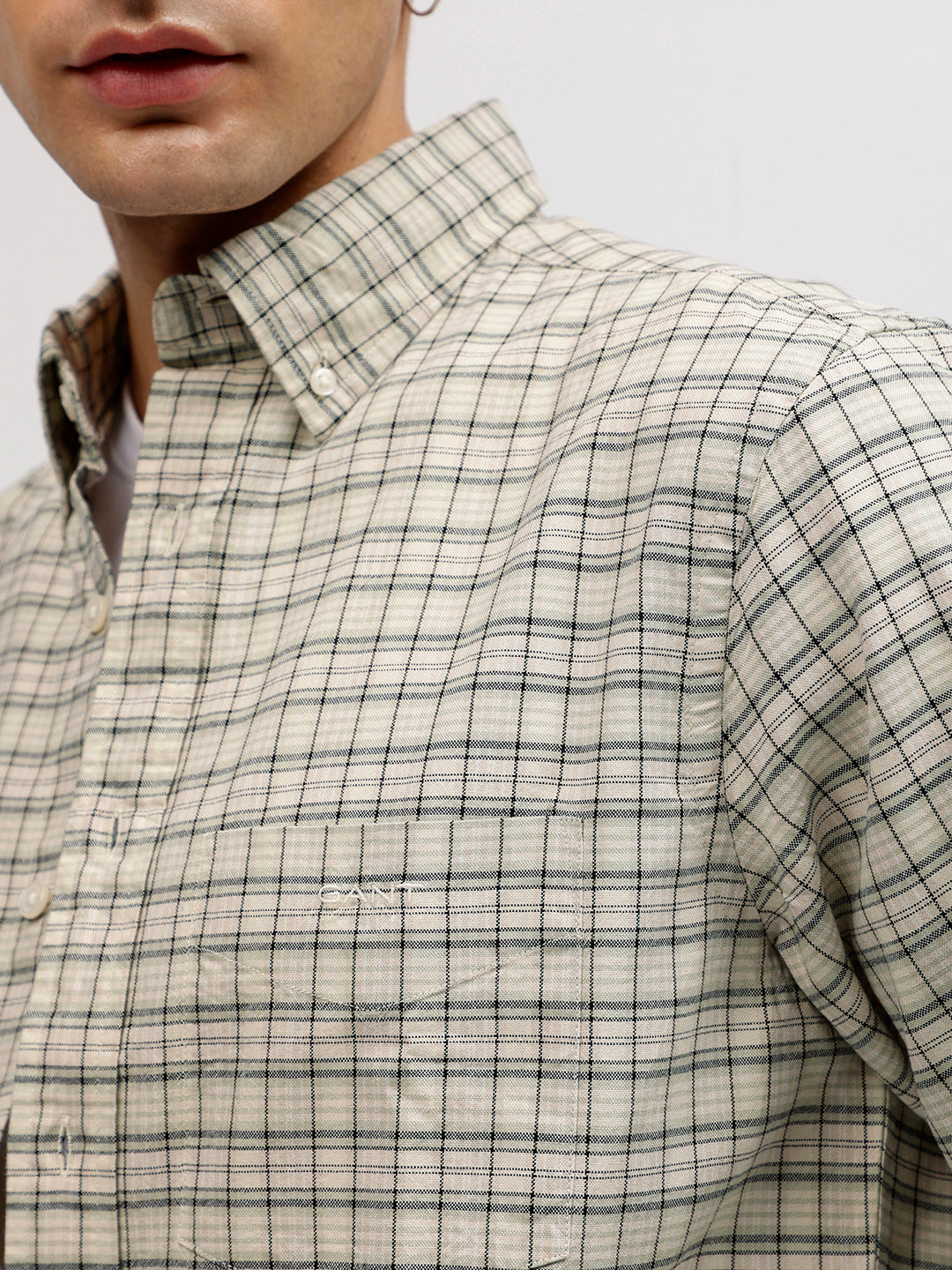 Gant Men Beige Checked Button-down Collar Full Sleeves Shirt