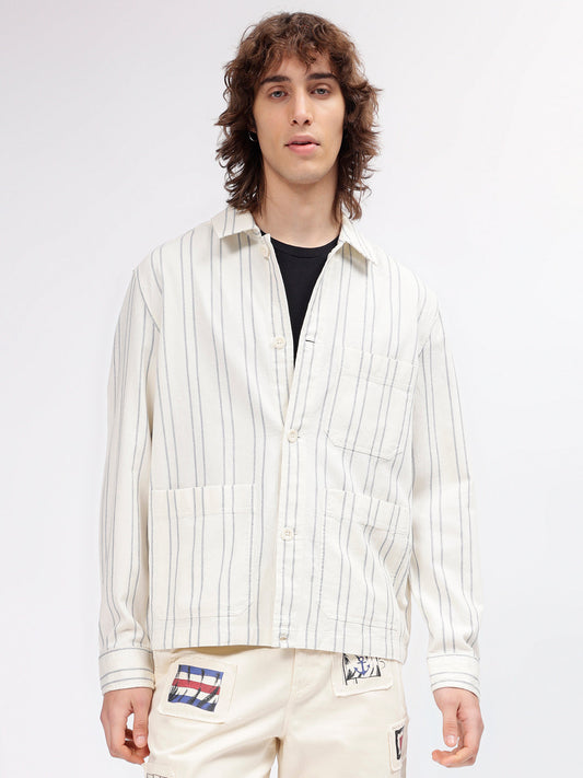 Gant Men Cream Striped Spread Collar Full Sleeves Shirt