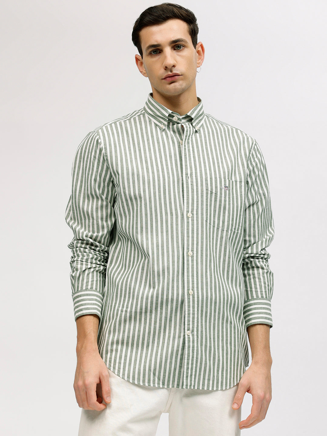 Gant Men Green Striped Button-down Collar Full Sleeves Linen Shirt