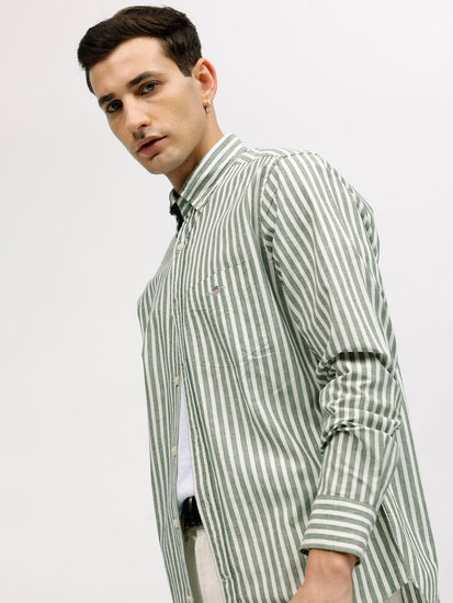 Shop Gant Men Green Striped Button-down Collar Full Sleeves Linen Shirt - GANT India Shop Gant Men Green Striped Button-down Collar Full Sleeves Linen Shirt - GANT India