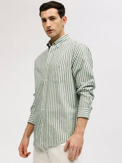 Gant Men Green Striped Button-down Collar Full Sleeves Linen Shirt