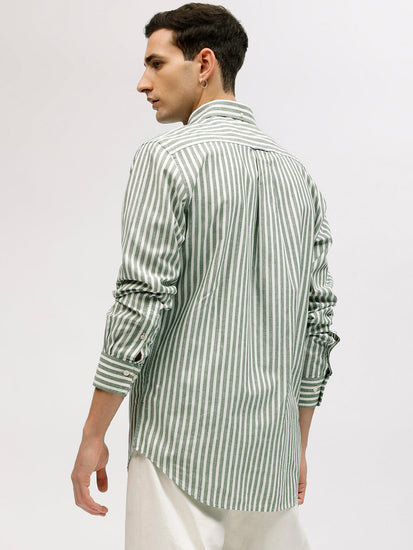 Gant Men Green Striped Button-down Collar Full Sleeves Linen Shirt