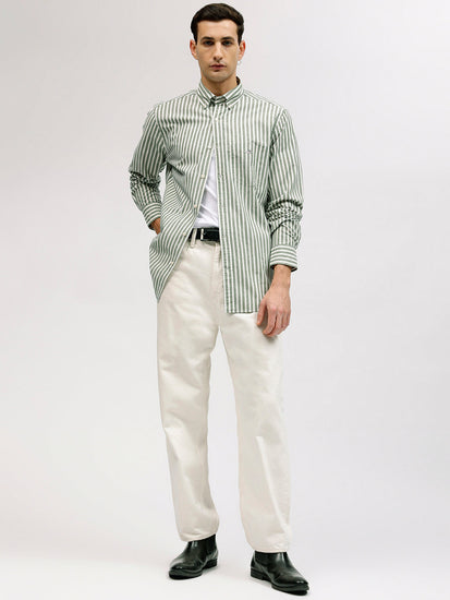 Gant Men Green Striped Button-down Collar Full Sleeves Linen Shirt