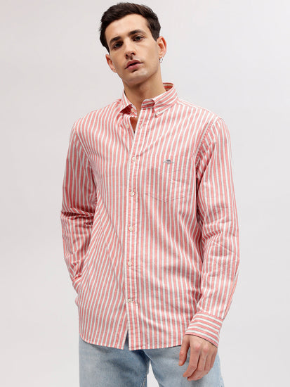 Gant Men Pink Striped Button-down Collar Full Sleeves Linen Shirt