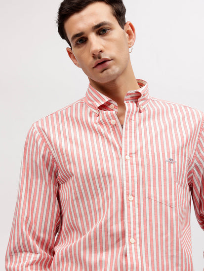 Gant Men Pink Striped Button-down Collar Full Sleeves Linen Shirt