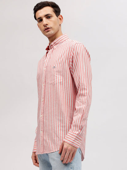 Gant Men Pink Striped Button-down Collar Full Sleeves Linen Shirt