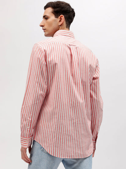 Gant Men Pink Striped Button-down Collar Full Sleeves Linen Shirt