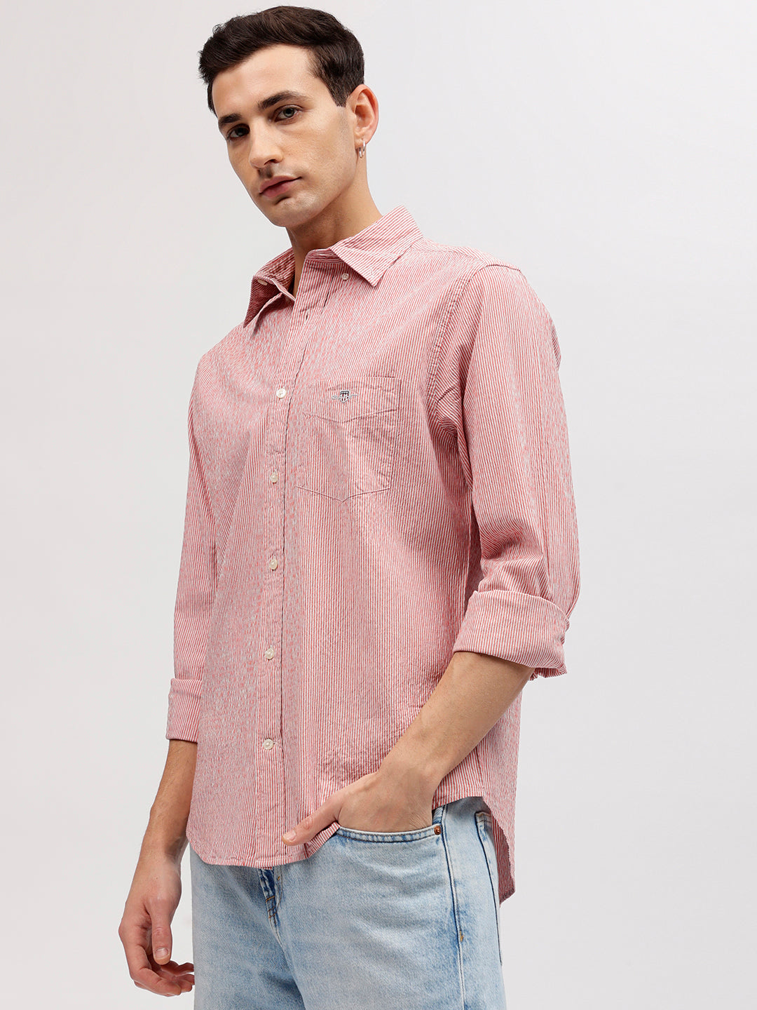 Gant Men Pink Striped Button-down Collar Full Sleeves Shirt