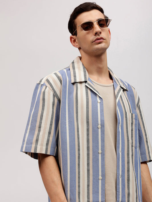 Gant Men Blue Striped Resort Collar Short Sleeves Shirt