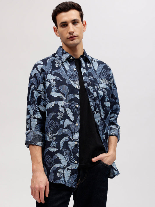 Gant Men Blue Tropical Print Button-down Collar Full Sleeves Linen Shirt