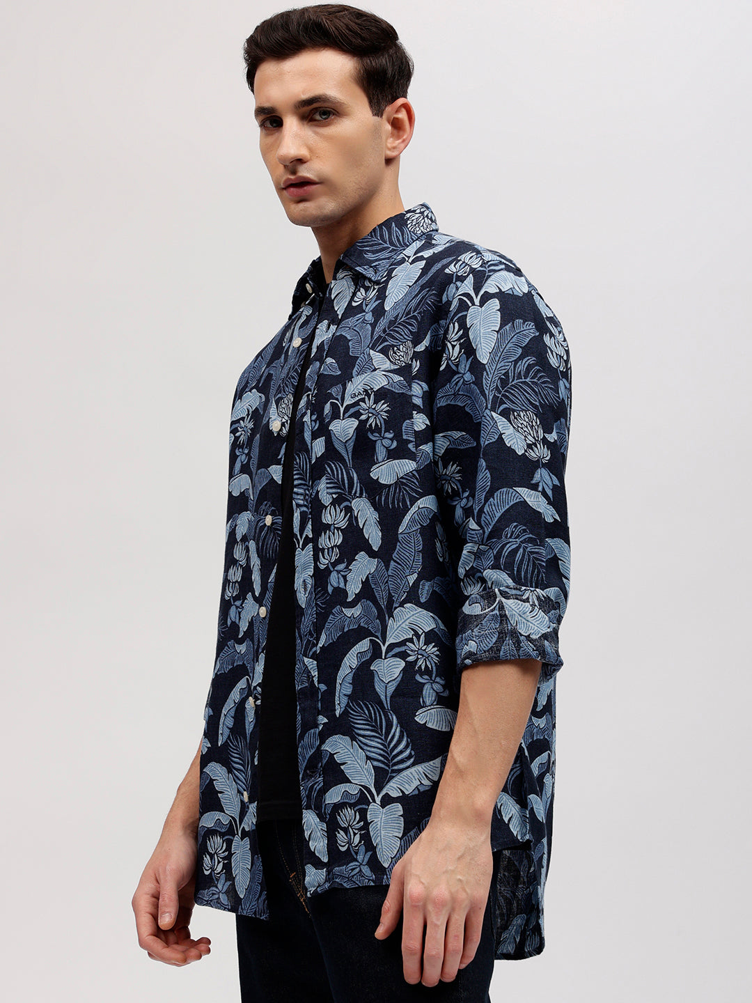 Gant Men Blue Tropical Print Button-down Collar Full Sleeves Linen Shirt