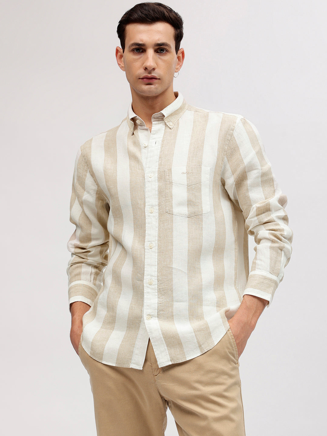 Gant Men Beige Striped Button-down Collar Full Sleeves Linen Shirt