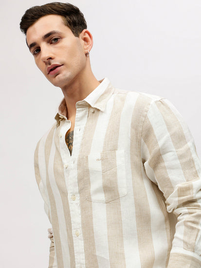 Gant Men Beige Striped Button-down Collar Full Sleeves Linen Shirt