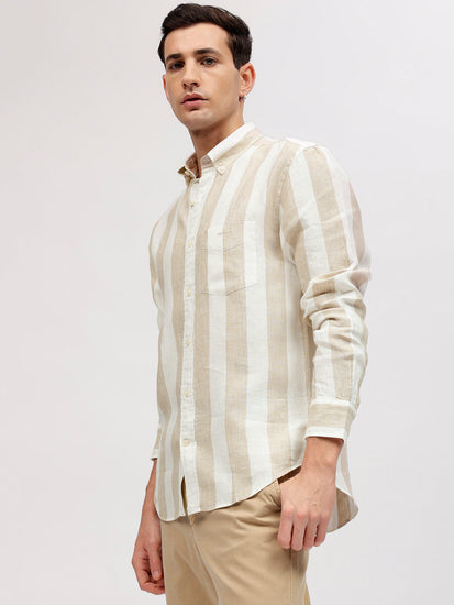 Gant Men Beige Striped Button-down Collar Full Sleeves Linen Shirt