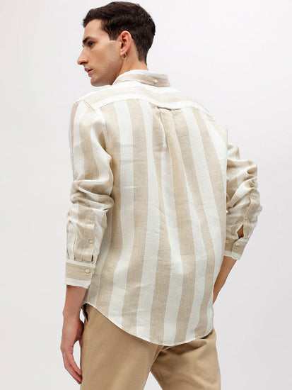 Gant Men Beige Striped Button-down Collar Full Sleeves Linen Shirt