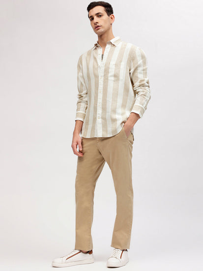 Gant Men Beige Striped Button-down Collar Full Sleeves Linen Shirt