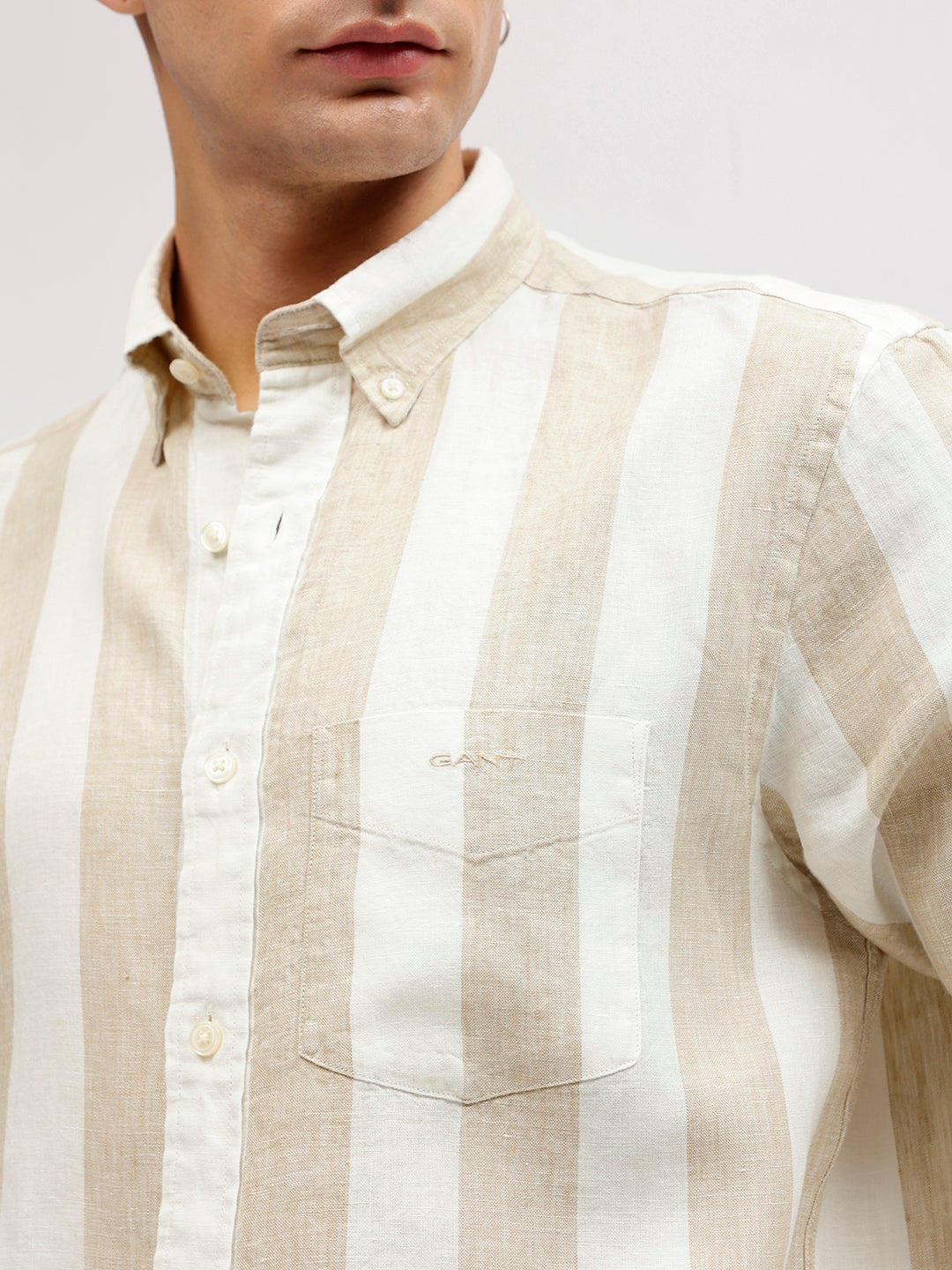 Gant Men Beige Striped Button-down Collar Full Sleeves Linen Shirt