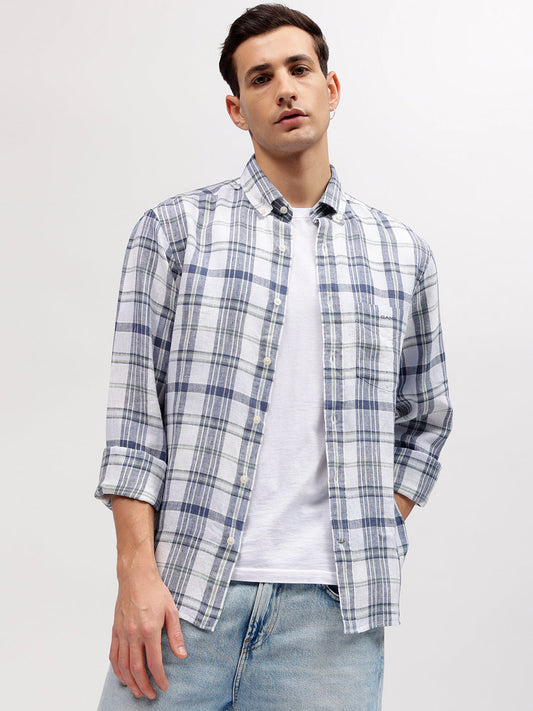 Gant Men Off White Checked Button-down Collar Full Sleeves Linen Shirt