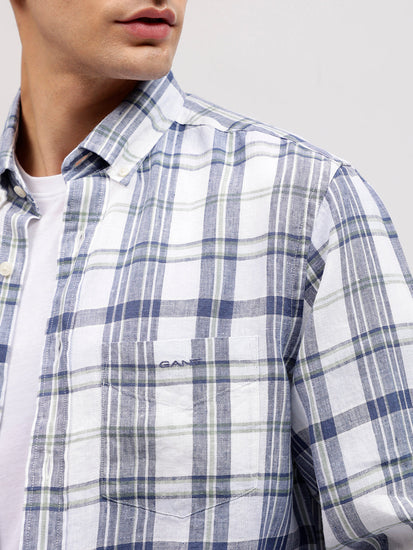 Gant Men Off White Checked Button-down Collar Full Sleeves Linen Shirt